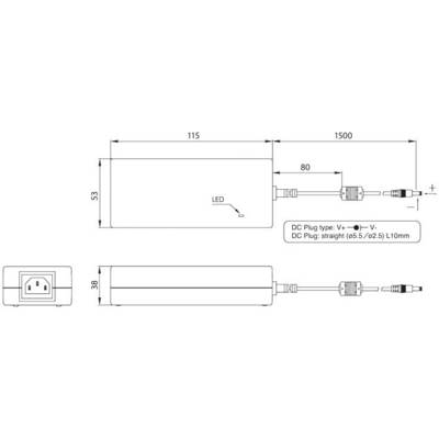 'Connection diagram of a power supply with dimensions: 115 mm length, 80 mm width, 53 mm height. DC plug type: straight, 1,000 mm cable.'