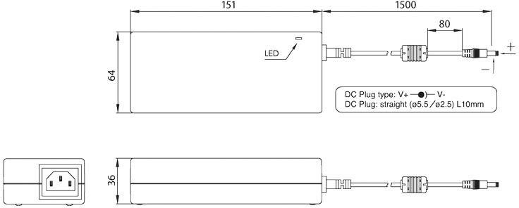 Power supply diagram with dimensions: 151x64x36 mm. LED indicator, DC plug with polarity markings, cable length 80 mm.