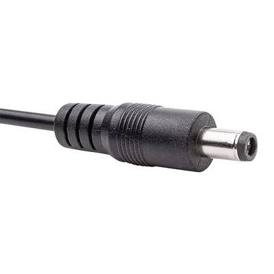 A black DC power adapter plug with cable. It has a cylindrical metal contact at the tip and ribbed grip surfaces on the housing.