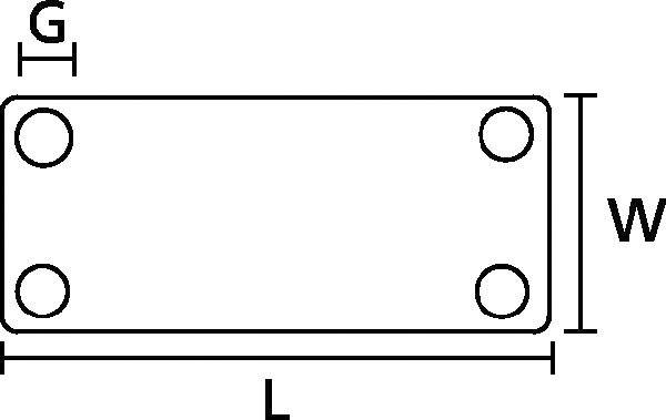 'Technical drawing of a rectangular object with marked points at the corners and dimensions T, G, W, L on the sides.'