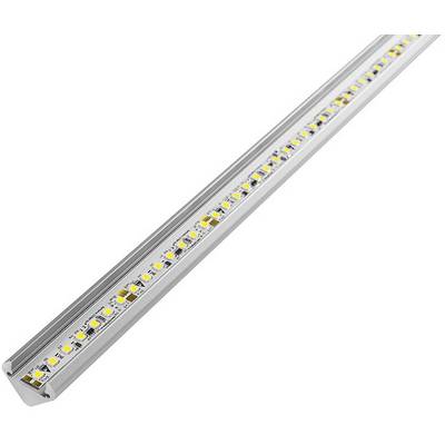 A long LED strip in a silver housing. The LEDs are evenly distributed and shine brightly.