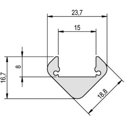 Technical drawing of a profile with dimensions: width 23.7 mm, height 16.7 mm, internal width 15 mm and an angular chamfer of 18.8 mm.
