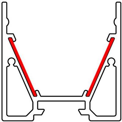 Cross-section of a structural aluminium profile connection with two red diagonal braces, symbolising stability.