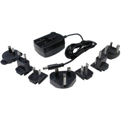 A black power adapter with multiple interchangeable plug socket adapters for different countries; demonstrates flexibility in usage.