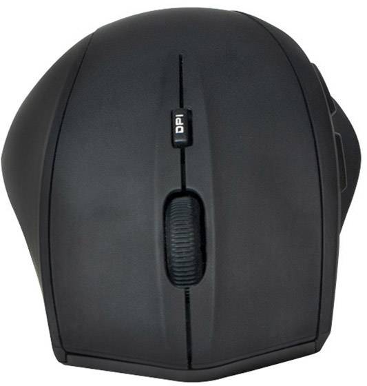 Black ergonomic vertical mouse with DPI switch and scroll wheel, viewed from above.