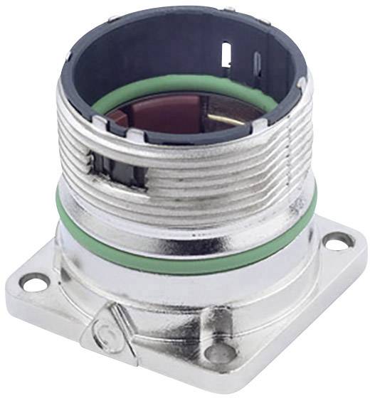 A silver, round connector with a green sealing ring and mounting plate, suitable for industrial applications.