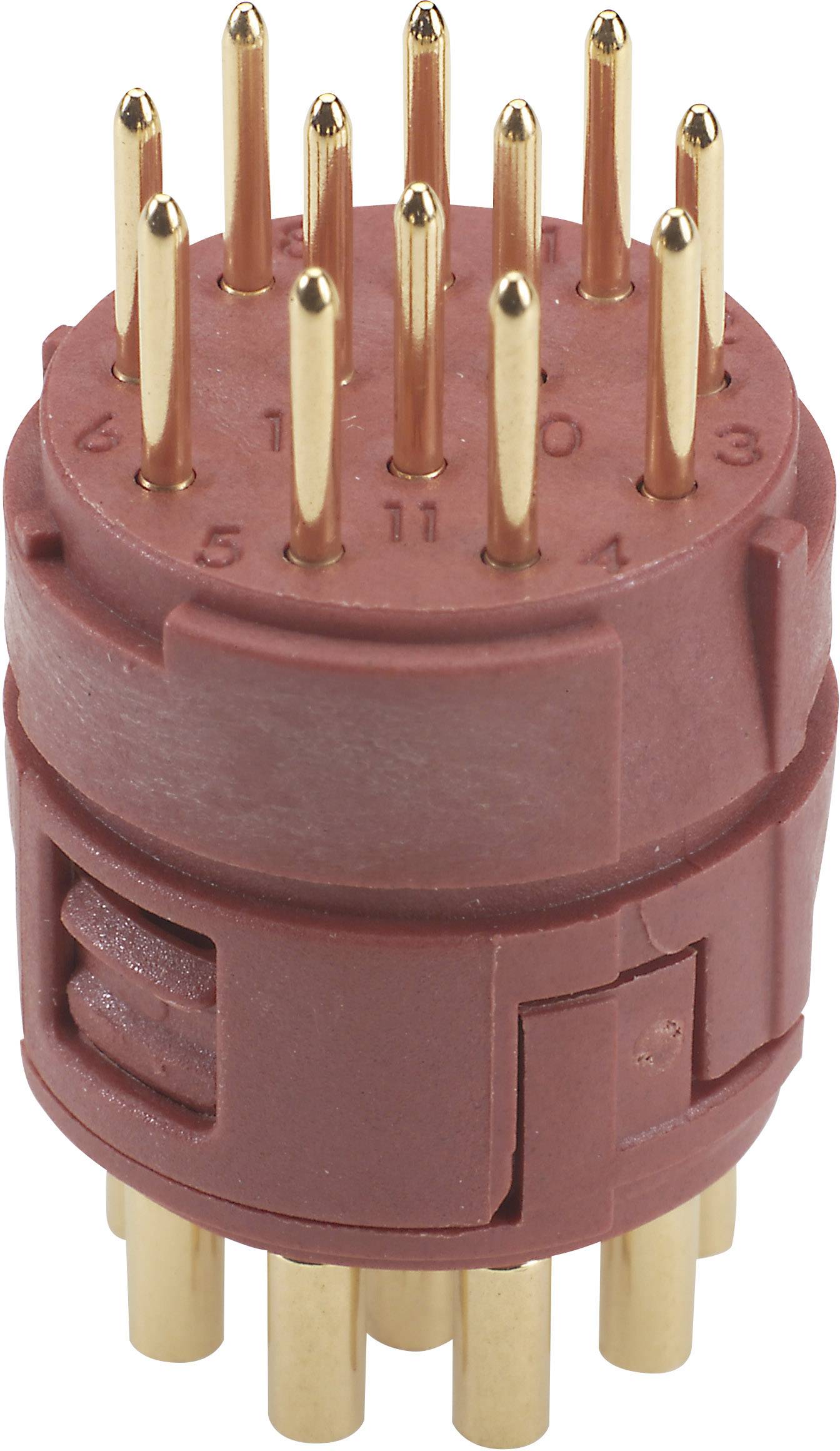 Connector with a round, red base and multiple golden contact pins; used in electronic devices for connection.