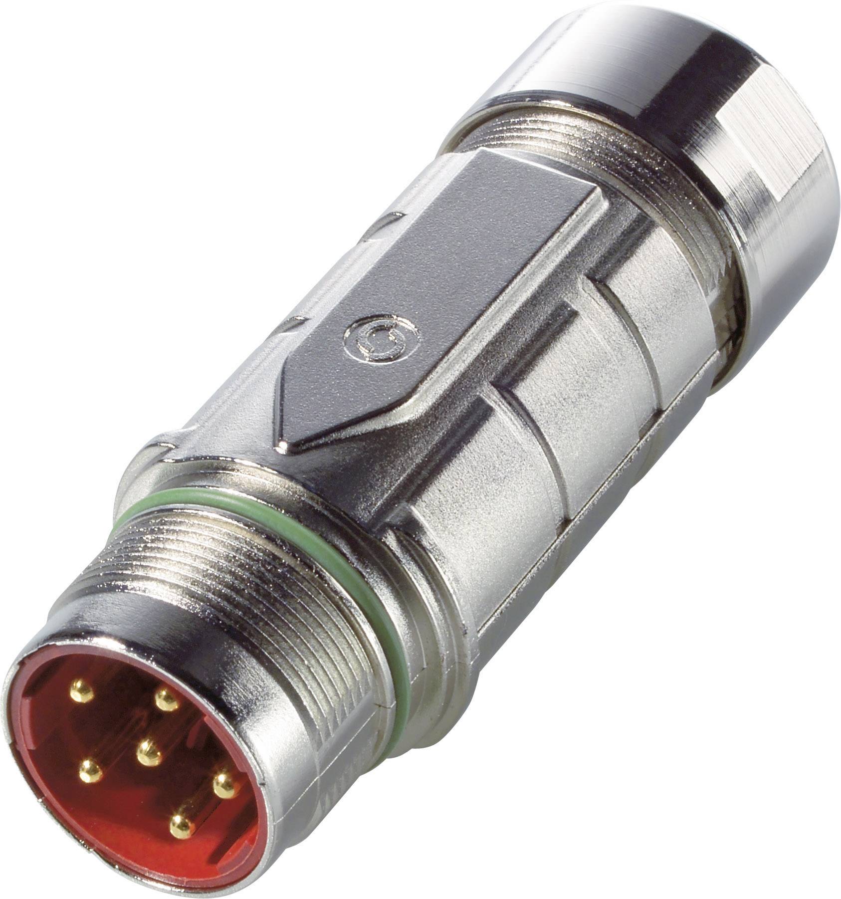 A metal plug with multiple gold-coloured pins, suitable for electrical connections. Silver surface with a red interior.