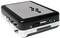 A black, rectangular electronic device with control buttons and ports, likely an audio device or converter.