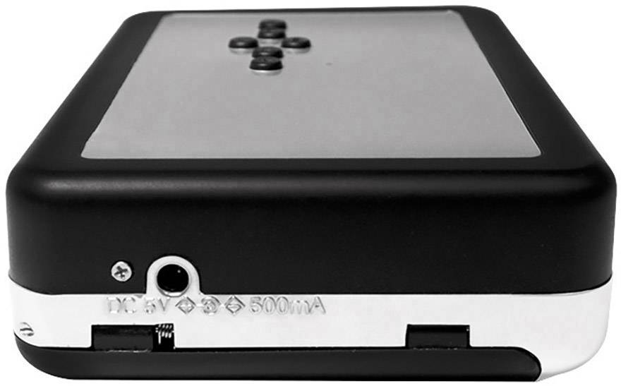 A black, rectangular device with a metal surface and a USB port. Buttons are located on the front.