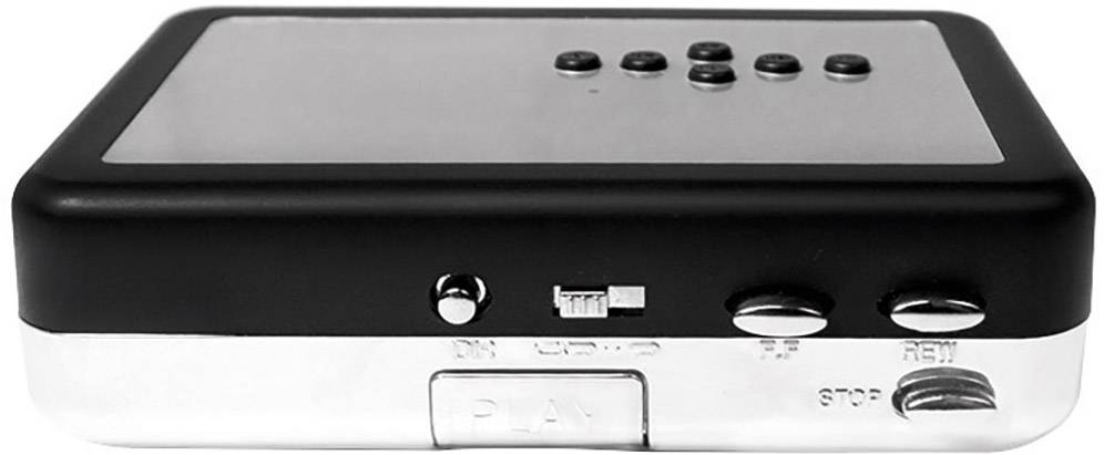 A rectangular black and silver device with buttons and a lever. The front has labels 'ON', 'STOP', 'PLAY'.