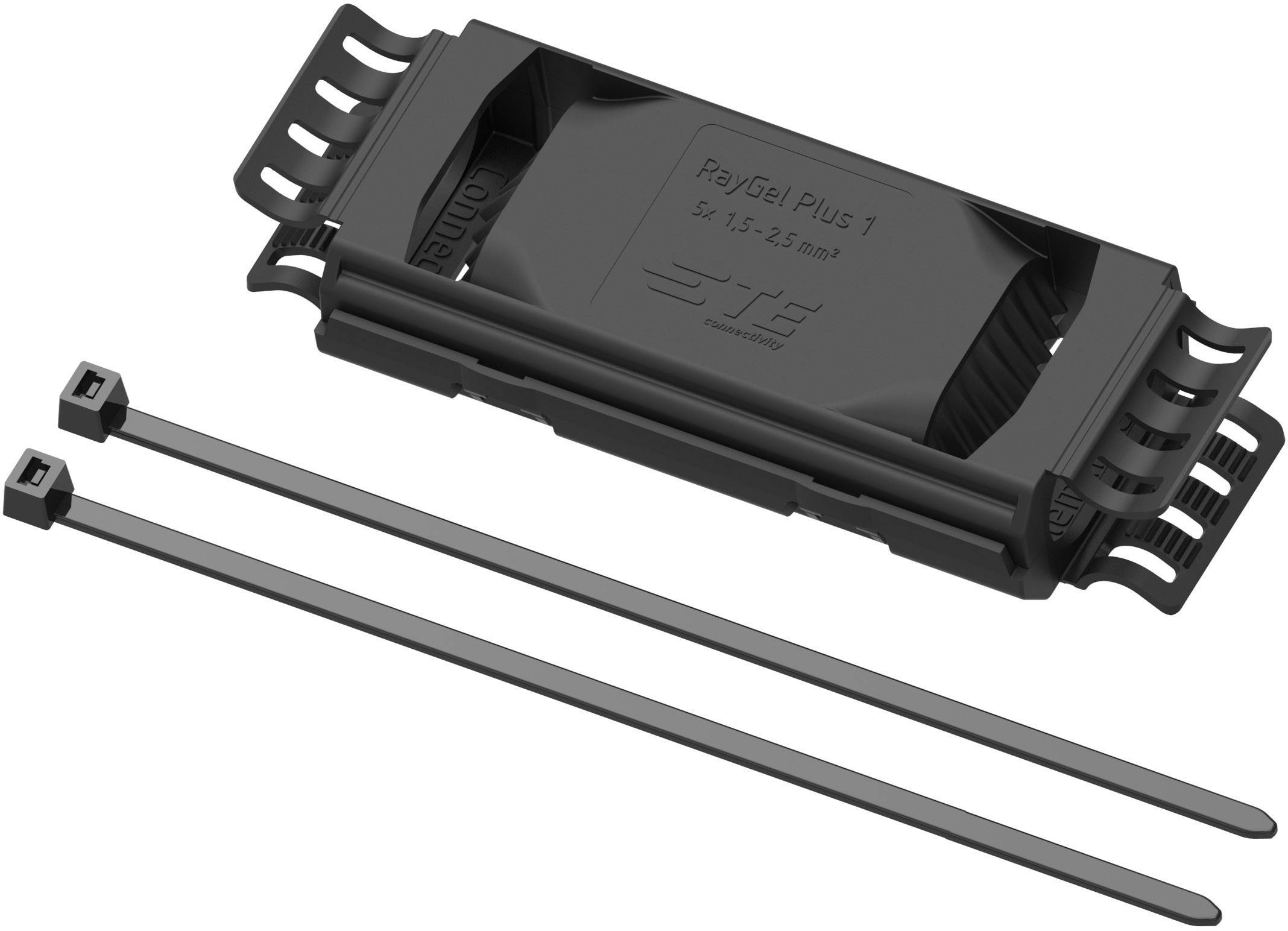 A rectangular plastic housing with cable ties used for connecting cables.