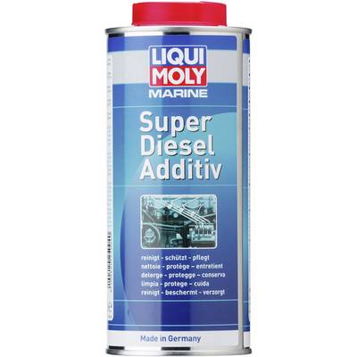 Dose of Liqui Moly Marine Super Diesel Additive with blue labelling. Inscription: 'cleans, protects, maintains'. Made in Germany.