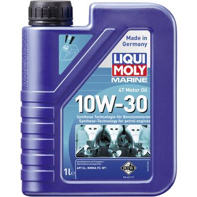 Motor oil bottle with inscription '10W-30, Synthetic Technology', 1 litre. Manufactured in Germany by Liqui Moly Marine. Suitable for petrol engines.