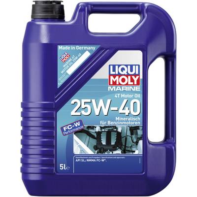 A blue 5-litre container of Liqui Moly motor oil 25W-40, mineral-based, for petrol engines, with marine image and 'Made in Germany' text.