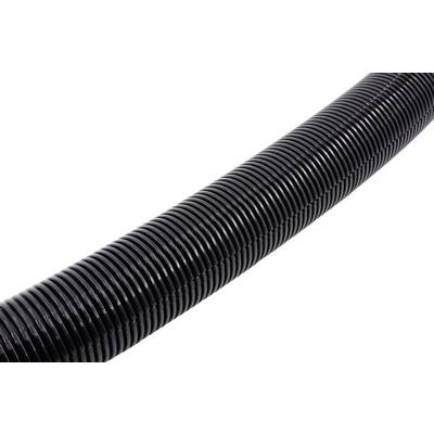 Close-up of a black, flexible plastic hose with a ribbed surface design.