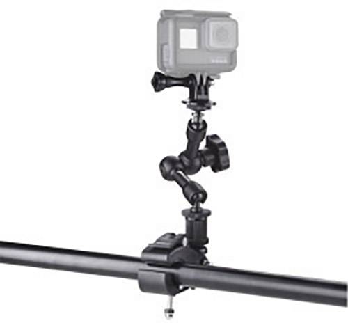 Camera mount attached to a pipe, carrying an action camera, flexibly adjustable through multiple joints.