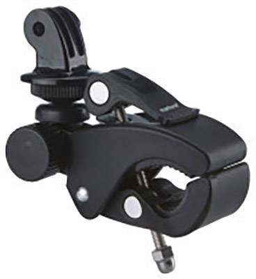 Black camera clamp with adjustable joint, suitable for mounting on pipes or other rounded surfaces.
