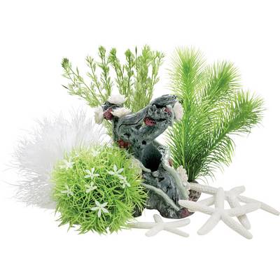 Colourful artificial decoration for aquariums with green plants, white driftwood, and starfish.