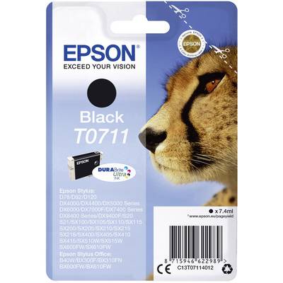 Epson T0711 'Black' Ink Cartridge, suitable for various Epson Stylus models, 7.4 ml, DuraBrite Ultra Ink. Image of a cheetah.