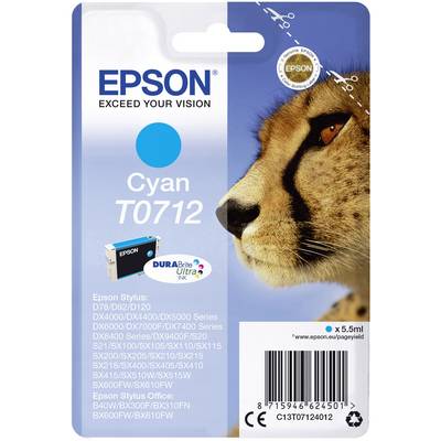 The packaging of an Epson printer cartridge container shows a puma in profile. Text: 'Epson Cyan T0712'. Compatible printer models are listed.