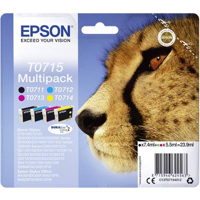 A packaging for Epson T0715 Multipack printer cartridges. A lion's head is depicted. Contains four ink cartridges: Black, Cyan, Magenta and Yellow.