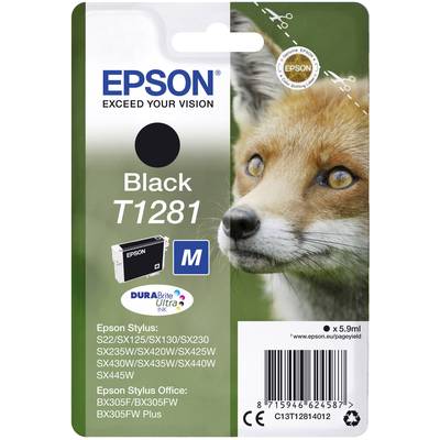 Packaging for an Epson T1281 Black Ink Cartridge. Contains a compatibility list of Epson printer models and features a fox image.