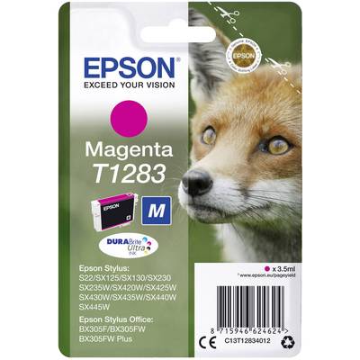 'Epson Magenta T1283 Ink Cartridge Packaging with Fox Image. Compatible with Epson Printer Models. Contains 3.5 ml of Ink.'