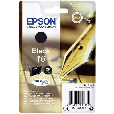 'Epson Black 16 Ink Cartridge for models such as WF-2010W. Writes 'Exceed Your Vision'. Includes barcode and Epson logo.'