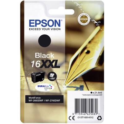 Epson Printer Cartridge Packaging, Black Ink 16XXL, compatible with WorkForce WF-2660DWF and WF-2760DWF, 'EXCEED YOUR VISION'.