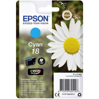 'Epson Cyan Ink Cartridge 18 for Expression Home Printer. Contains Claria Home Ink. A daisy is visible alongside the Epson logo.'