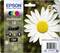 Packaging of an Epson ink cartridge with a daisy illustration. Contains colours Black, Cyan, Magenta, Yellow, model number '18'.