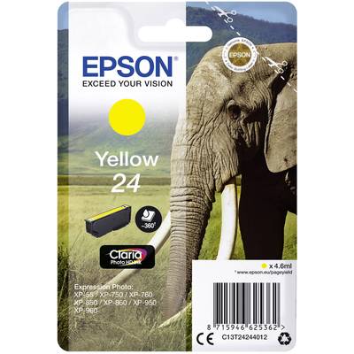 Packaging for an Epson printer cartridge, yellow 24, with an elephant image. Compatible with XP-55, XP-750/850, XP-760/960.
