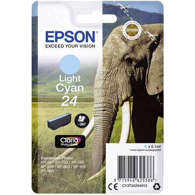 Packaging for an Epson Printer Cartridge 'Light Cyan 24' with an elephant in the background and compatible printer models: XP-55, XP-750, XP-760.