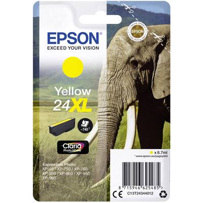 Epson Printer Cartridge, Yellow, Size 24XL, Claria Photographic Ink. Image of an elephant in the background. Compatible with Expression Premium Printers.