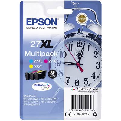 Epson ink cartridge packaging for printers, featuring a large alarm clock in the background. Includes '27XL' and 'Includes Black Ink'.