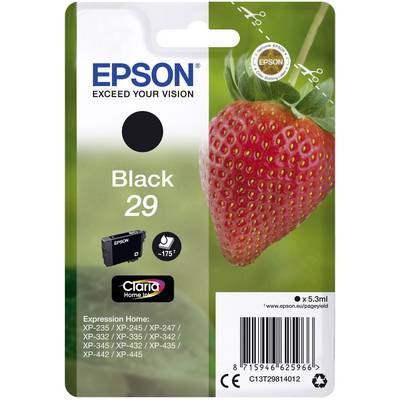 A packaging for Epson printer cartridge, Black 29, featuring a strawberry illustration. Compatible with various Epson printer models.