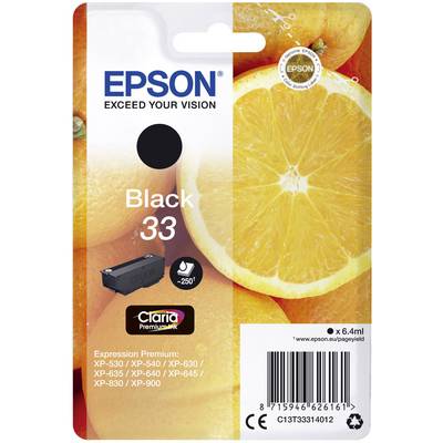 Packaging for an Epson ink cartridge box with the text 'Black 33', featuring an image of an orange, suitable for various XP printer models.