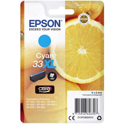 Epson Cyan Printer Cartridge 33XL, compatible with various XP models, featuring a half orange design, 8.9 ml capacity.