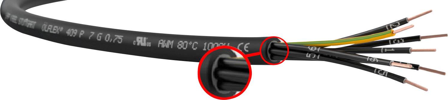 Black electrical cable with exposed copper wires, surrounded by insulation material. Six wires are visible, yellow and green for earthing.