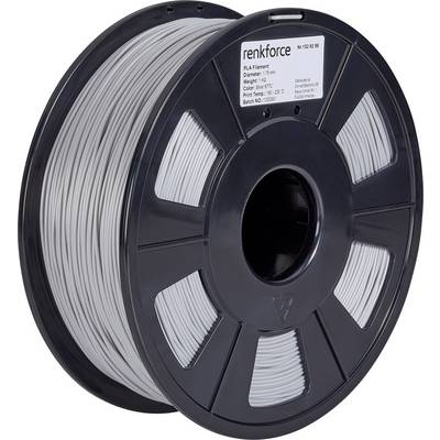 A black plastic spool with grey PLA filament for 3D printers, labelled with information about diameter, weight, and temperature.