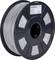 A black plastic spool with grey PLA filament for 3D printers, labelled with information about diameter, weight, and temperature.