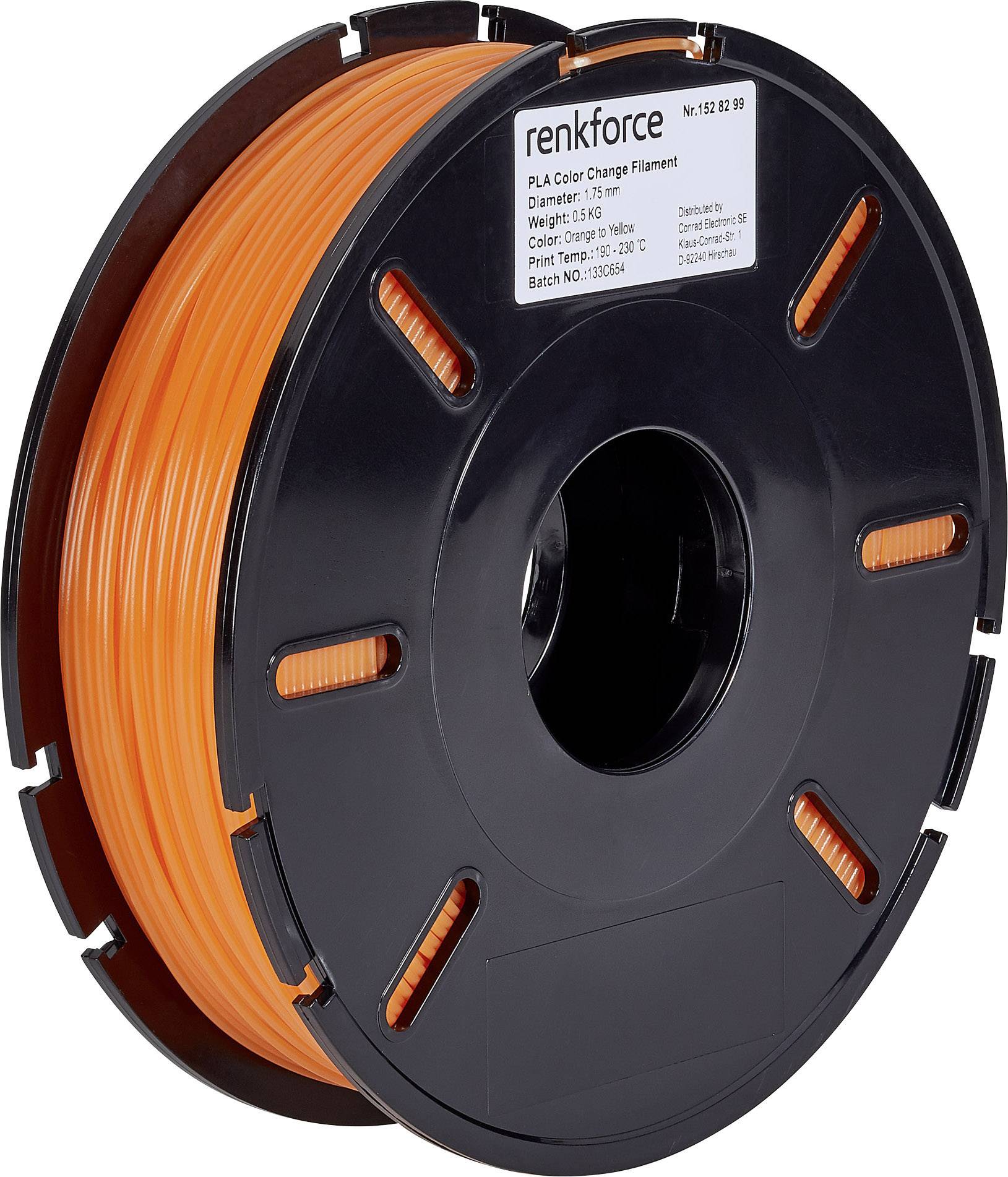 A renkforce orange filament spool for 3D printers. Label displays specifications such as diameter, weight, and colour.