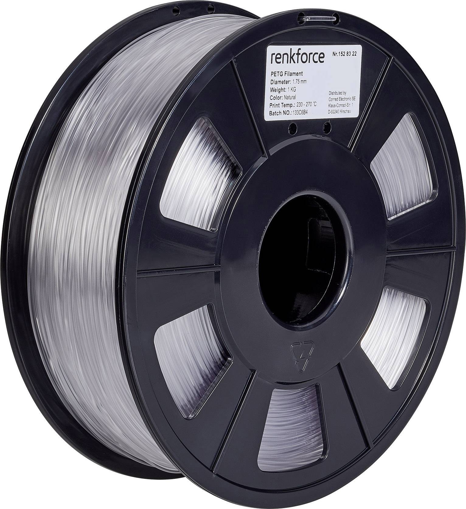 Black spool with transparent PETG filament, 'renkforce' label, 1.75 mm diameter, ideal for 3D printers.