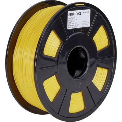 A spool of yellow PLA filament by Renkforce for 3D printers. Label displays specifications such as diameter and printing temperature.