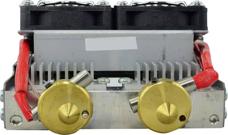 An electronic component with heat sinks, two fans, and red cables. The front side shows two brass connectors.