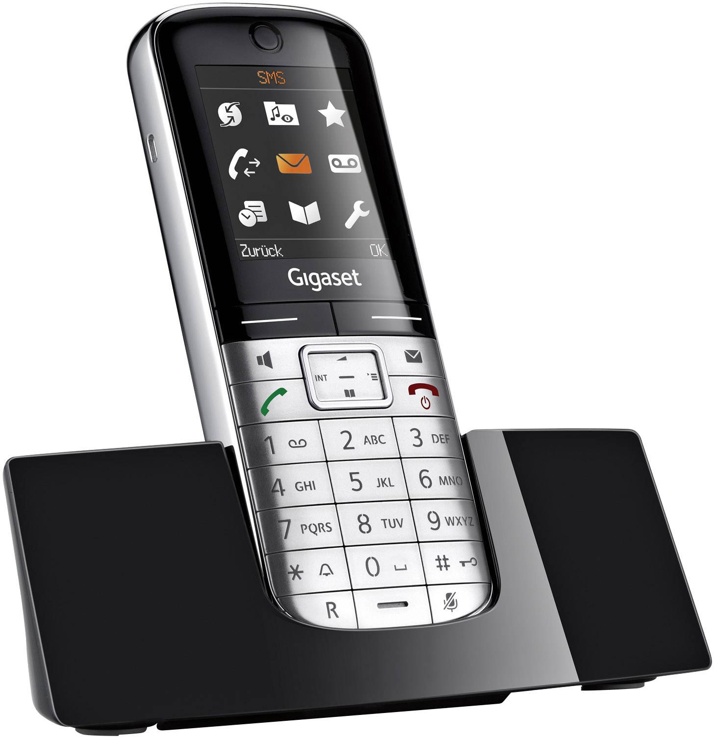 Cordless DECT telephone on charging station, silver-grey design, large keypad, illuminated display with icons for calls, messages, and settings.