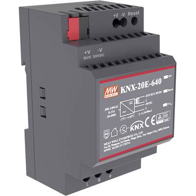 Electronic device with KNX label for controlling bus voltages. Displays logo, model number, technical details, and manufacturer information.