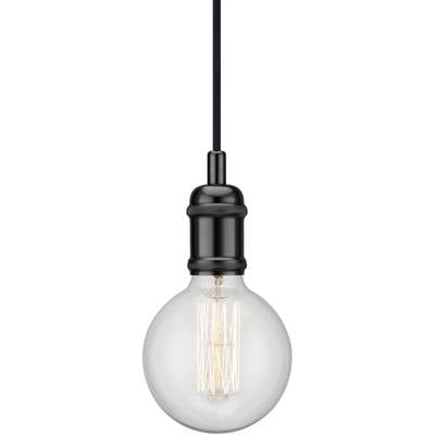 A switched-on light bulb with a visible filament, hanging from a black cable.