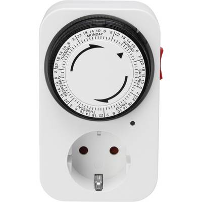 Socket timer with a round dial for time setting, displaying days of the week and hours, used for automatic device control.